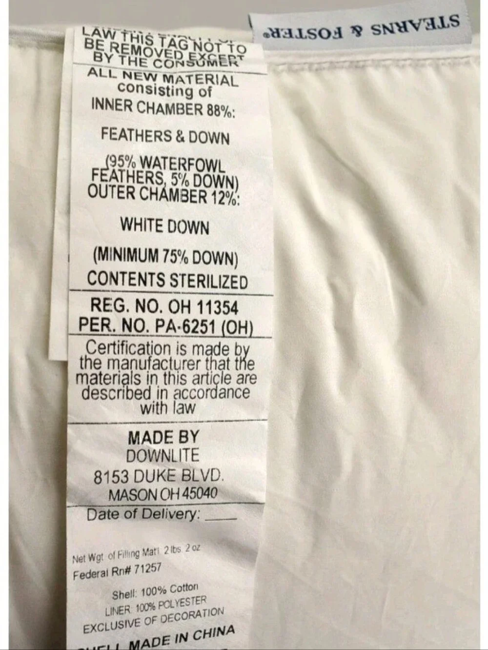 Stearns & Foster Down Halo All Positions 400 TC ONE STANDARD/QUEEN Pillow WhiteW